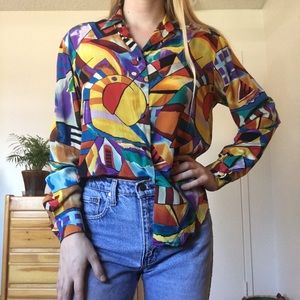 1990s Abstract Picasso Silk Button Down Blouse